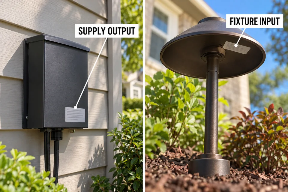Specification-label locations on a landscape transformer and LED fixture for comparing output and input requirements.