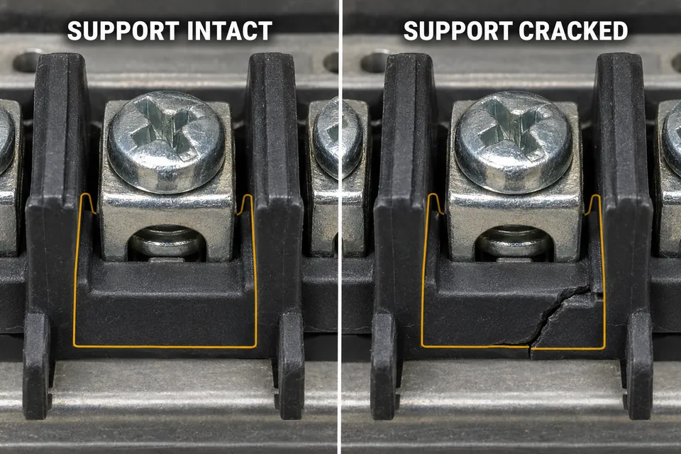 Matching low-voltage terminals with intact insulating support on the left and cracked support on the right.