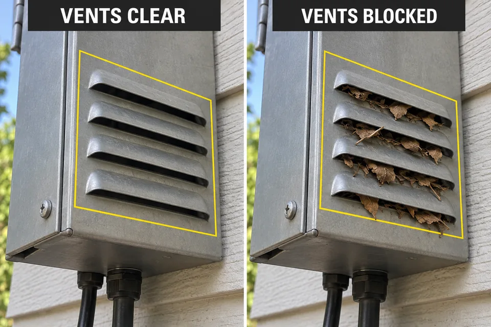 The same transformer ventilation openings shown clear and obstructed by dry leaves.