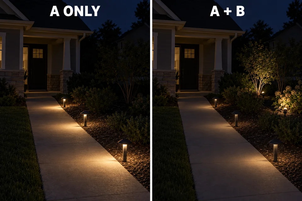 The same path lights appear dimmer when the separate planting-bed lighting zone is switched on.