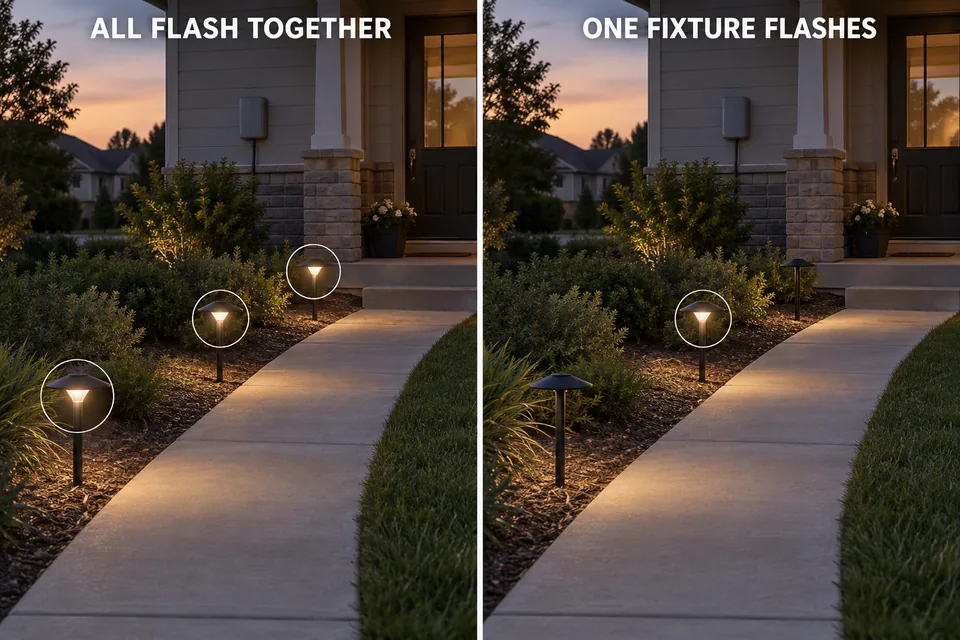 Matched walkway views identify a startup flash affecting all three path lights versus one fixture.