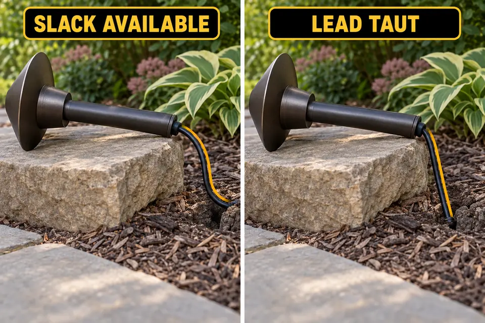 Supported path light with a relaxed supply lead compared with the same lead drawn taut.