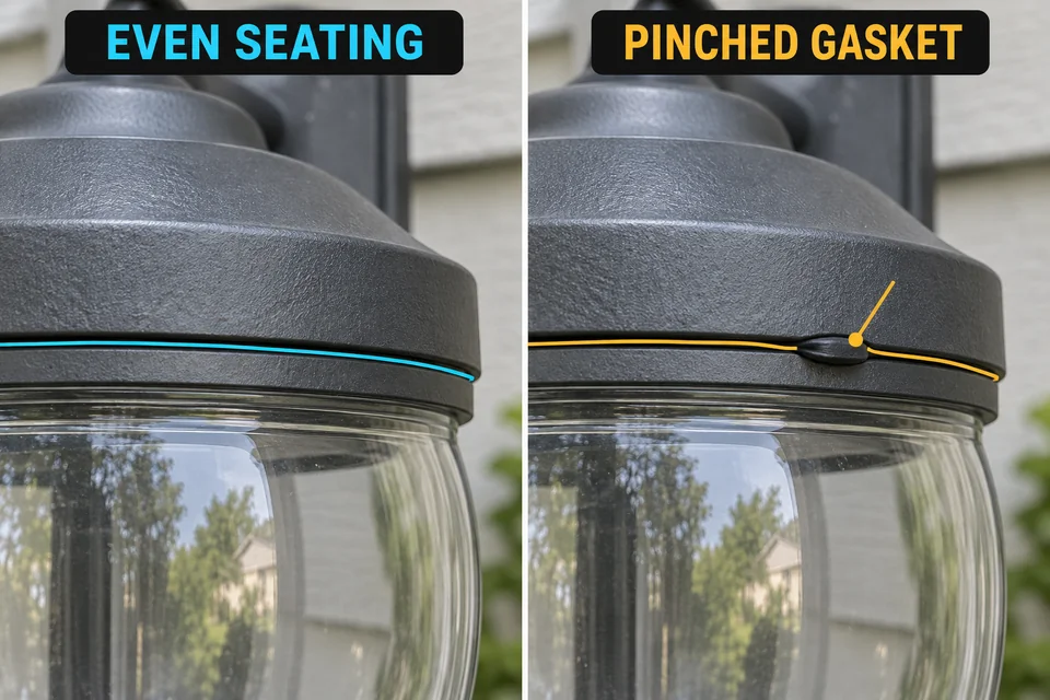 Outdoor light cover with even seating compared with a gasket pinched and protruding at the joint.