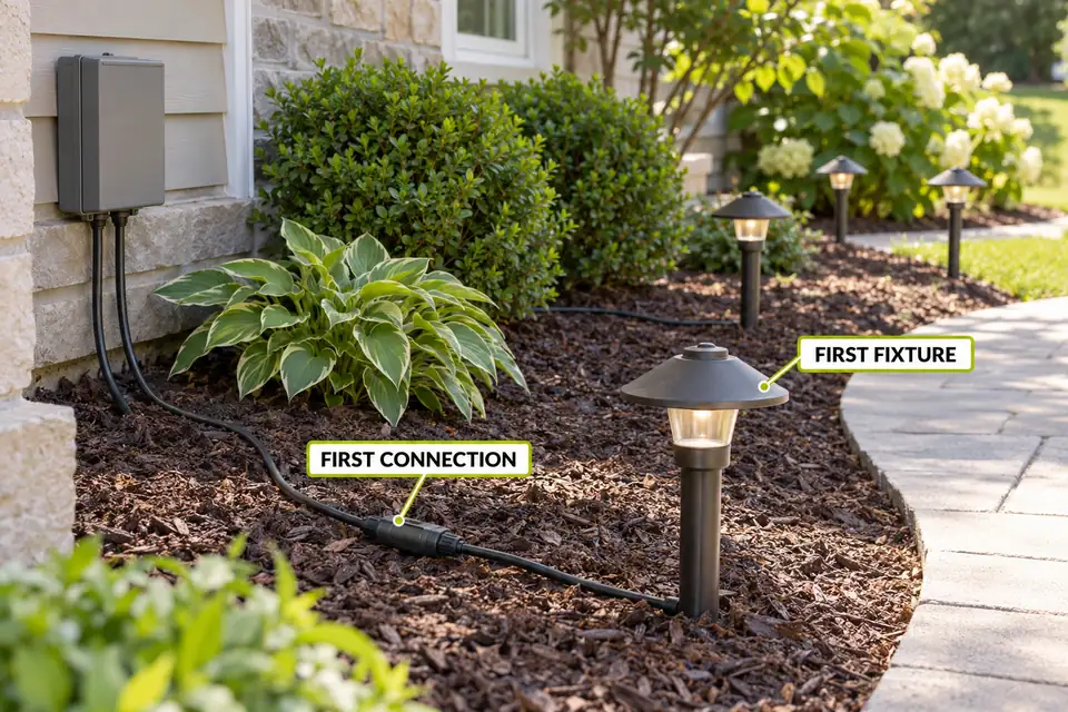 First low-voltage connection and first path light on one of two landscape lighting runs.