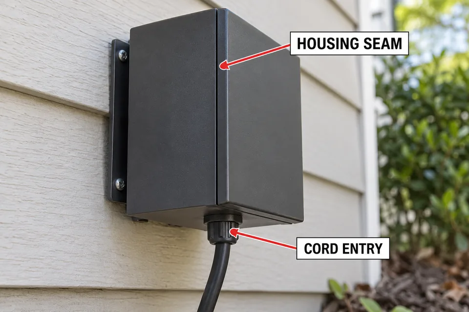 Housing seam and exterior cord entry identified on a closed landscape-lighting transformer.