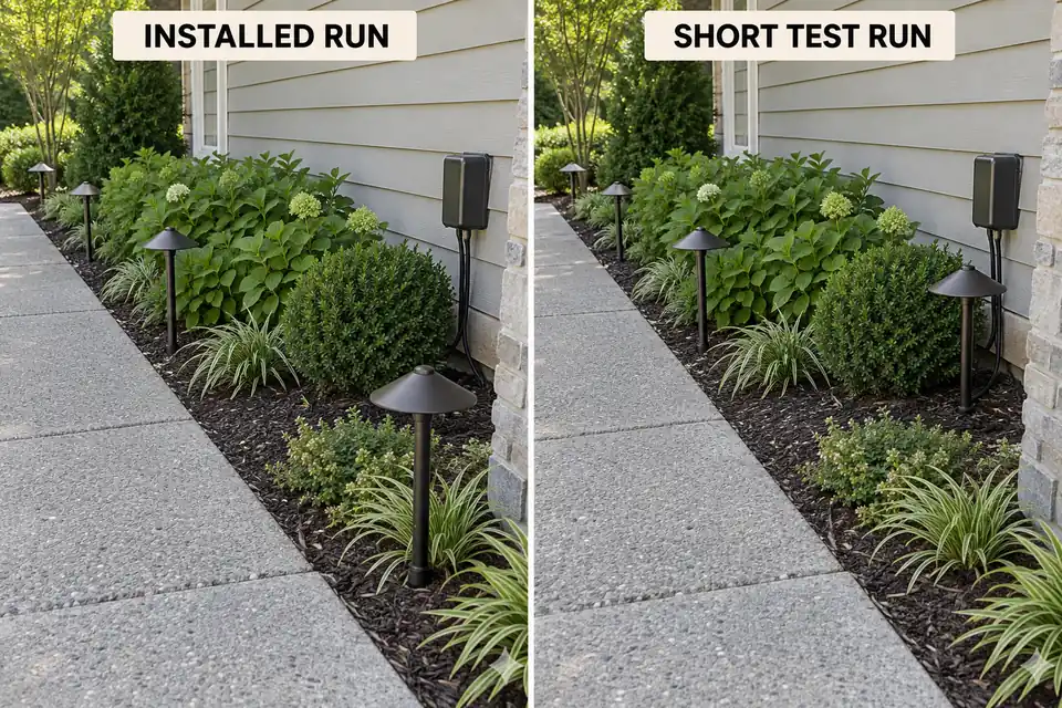 Same LED landscape fixture on its installed route and a short comparison connection near the transformer.