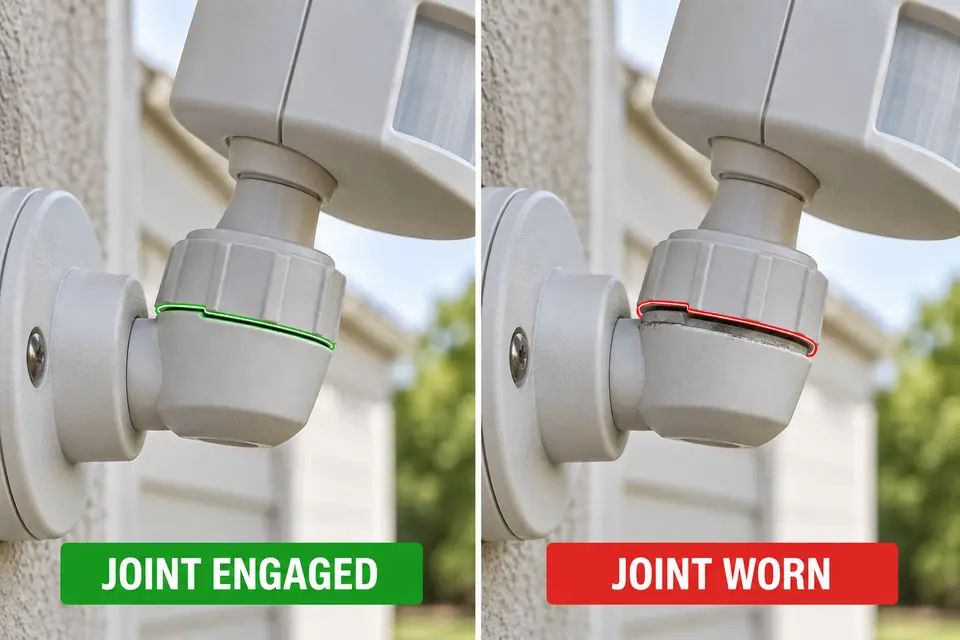 Intact motion-sensor locking joint compared with a worn joint whose collar cannot seat correctly.