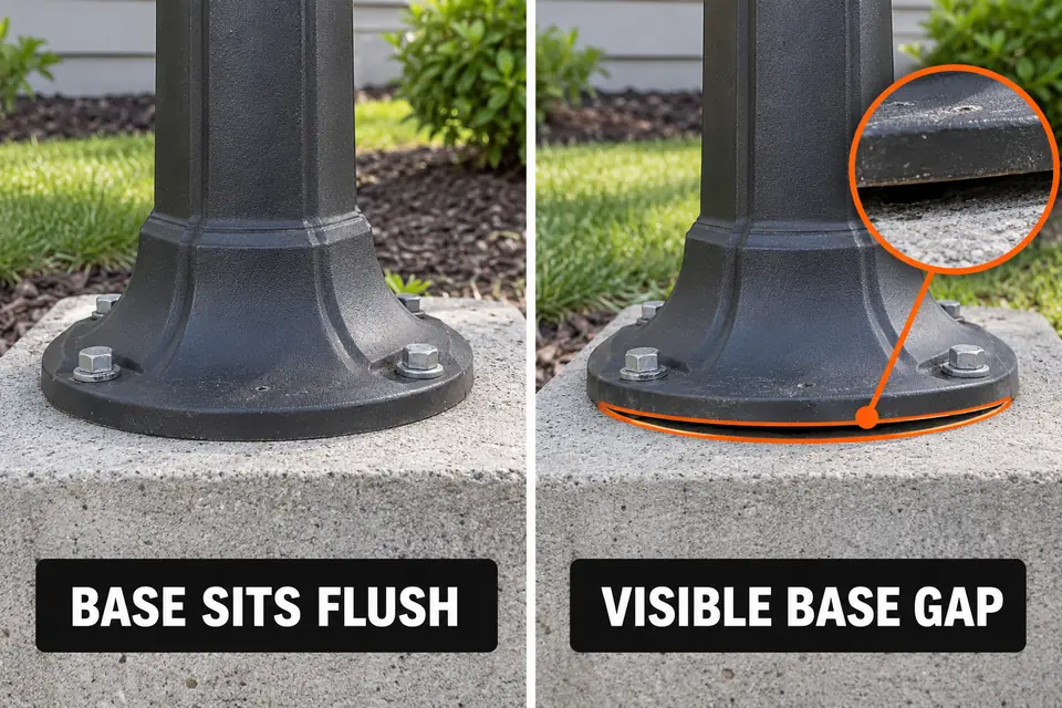 Flush post-light base compared with a displaced base showing a highlighted gap above the concrete pad.