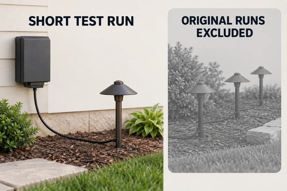 One short test run connected to a transformer while the original landscape-lighting network is excluded.