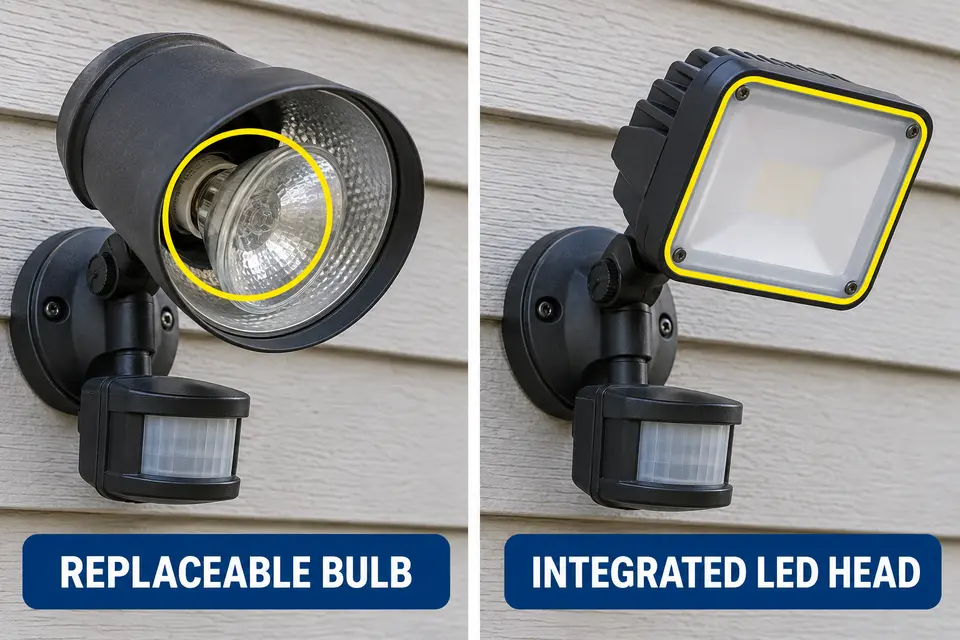 Replaceable-bulb floodlight head compared with a sealed integrated LED floodlight head.