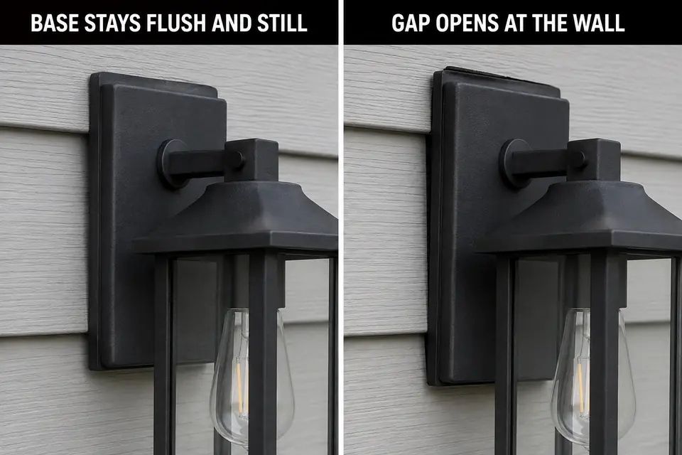 Power-off comparison of a stable wall-light base and a backplate with a visible separation gap.