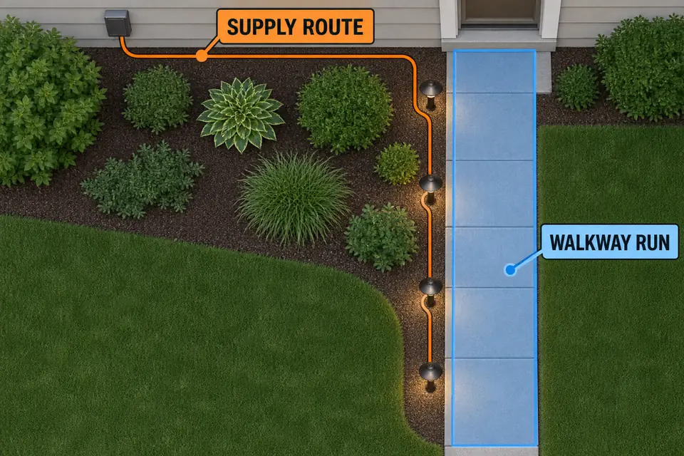 Additional cable route between a house-mounted transformer and the beginning of a lighted walkway.