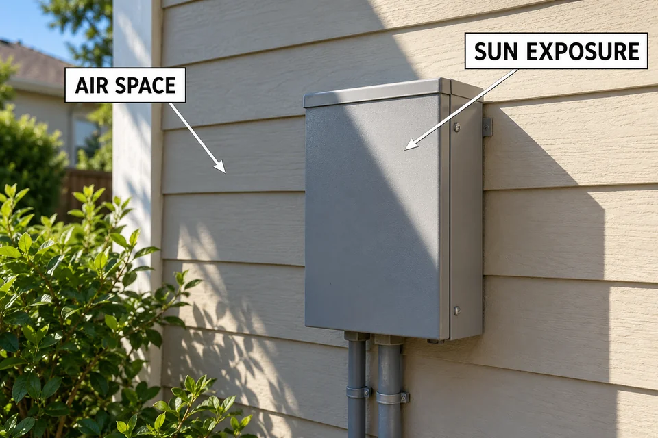 Closed landscape transformer with surrounding air space and partial sunlight identified.