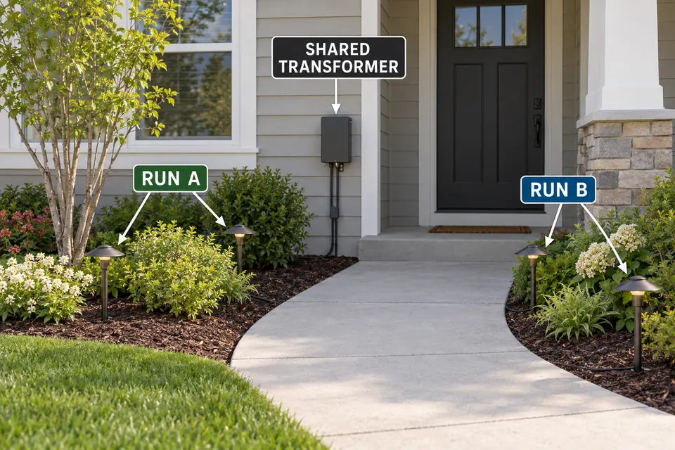 Two identified landscape-lighting runs connected to a shared closed transformer beside a house.