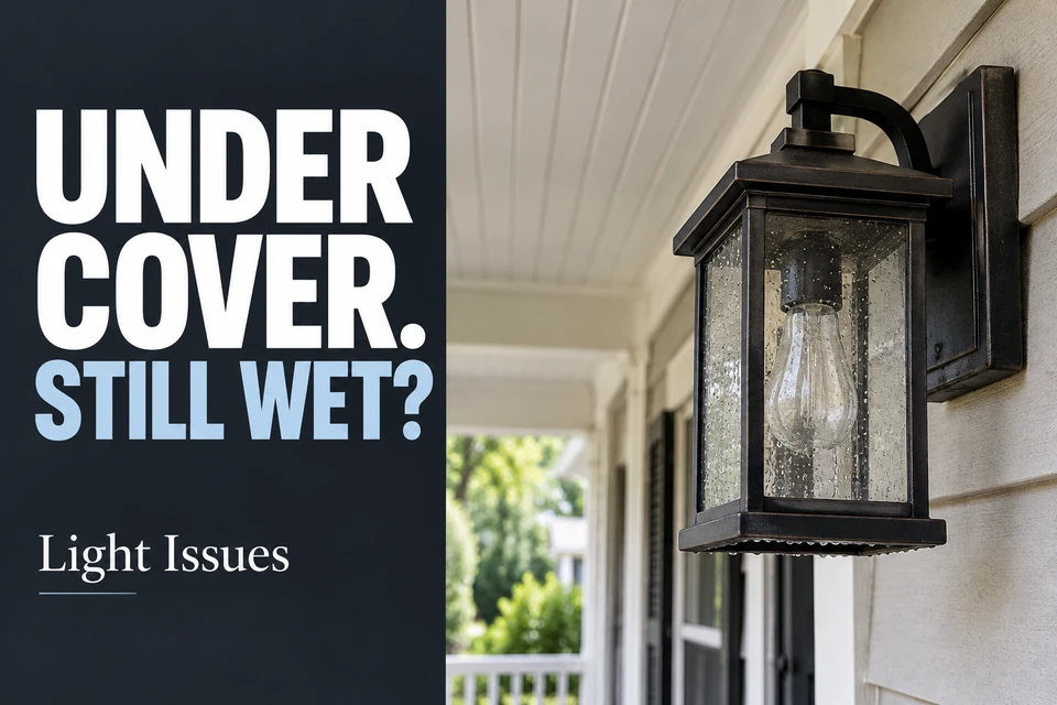 Covered porch wall light with droplets inside its glass beneath a protective roof.