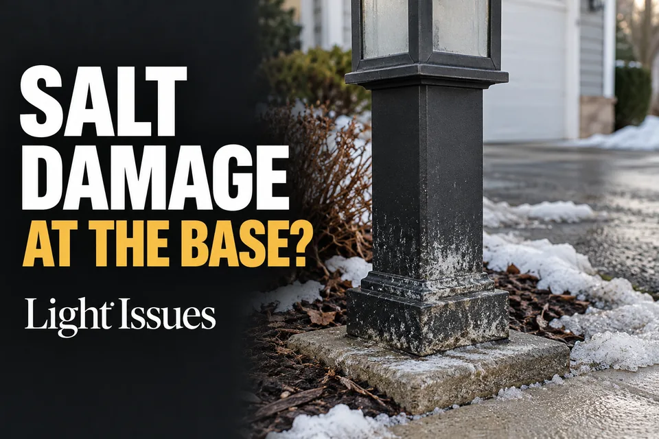 Winter splash residue and damaged finish on the lower base of a driveway light.