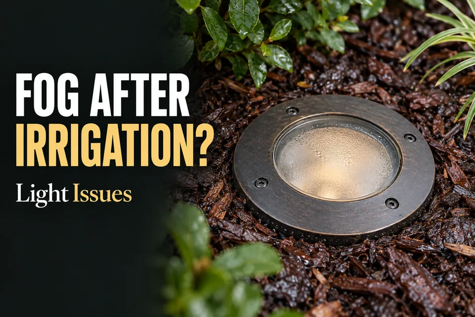 Fogged lens on a closed in-ground landscape light with damp soil around its rim.