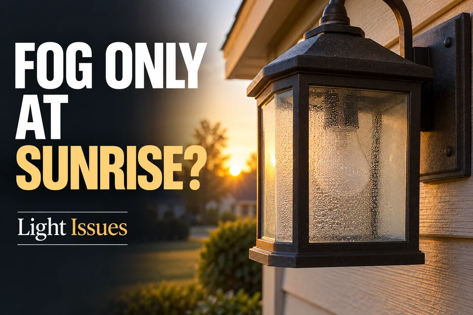 Fine condensation inside an outdoor wall light at sunrise.