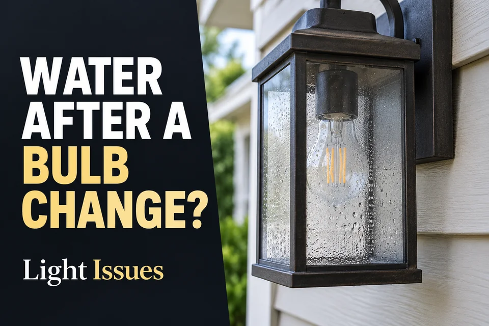 Water droplets inside the clear lens of an unlit outdoor wall fixture with a replaceable bulb.