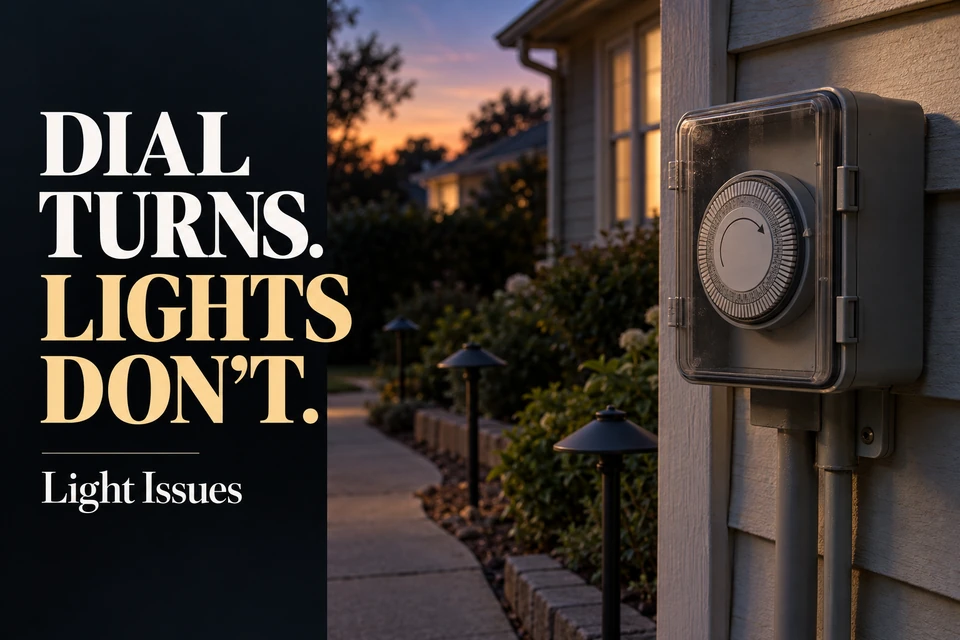Enclosed mechanical landscape-lighting timer beside a walkway with unlit path lights.