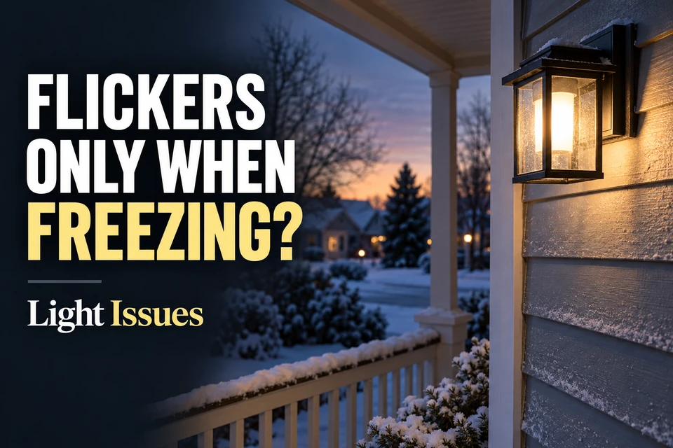 Closed outdoor LED porch light beside frosty siding and a railing at winter dusk.