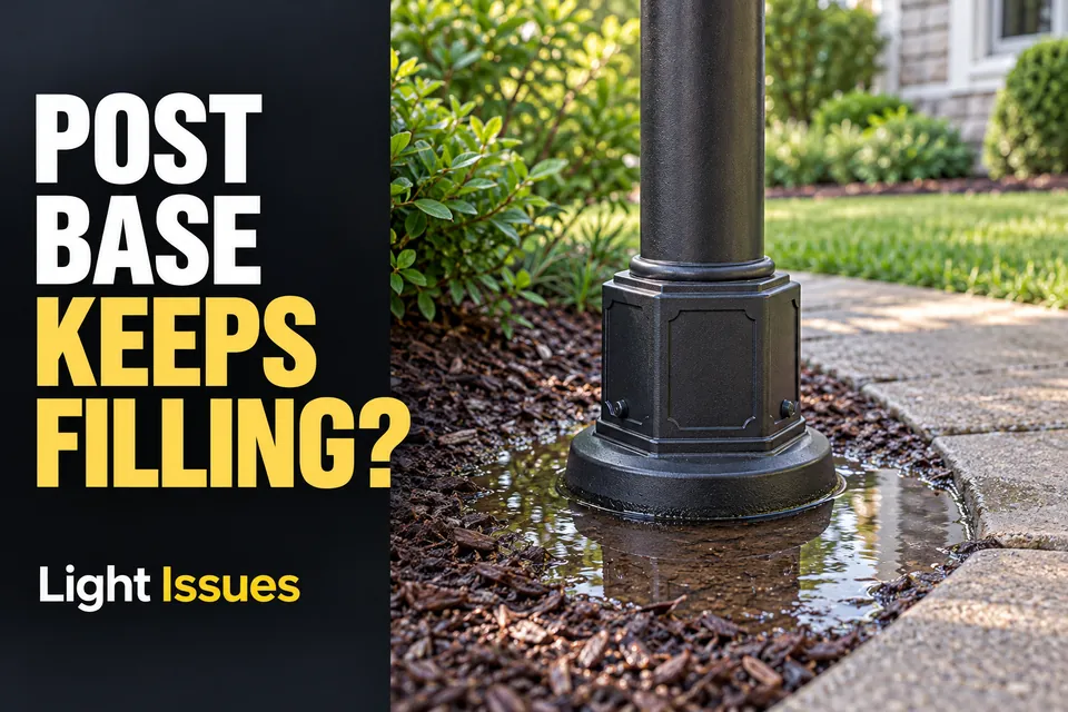Outdoor post-light base with a closed access cover and shallow water collecting beside the walkway.