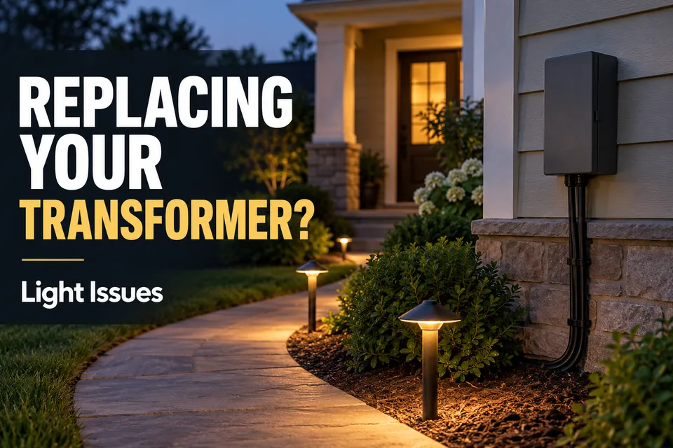Closed landscape lighting transformer mounted beside a home with path lights illuminating the front walkway.