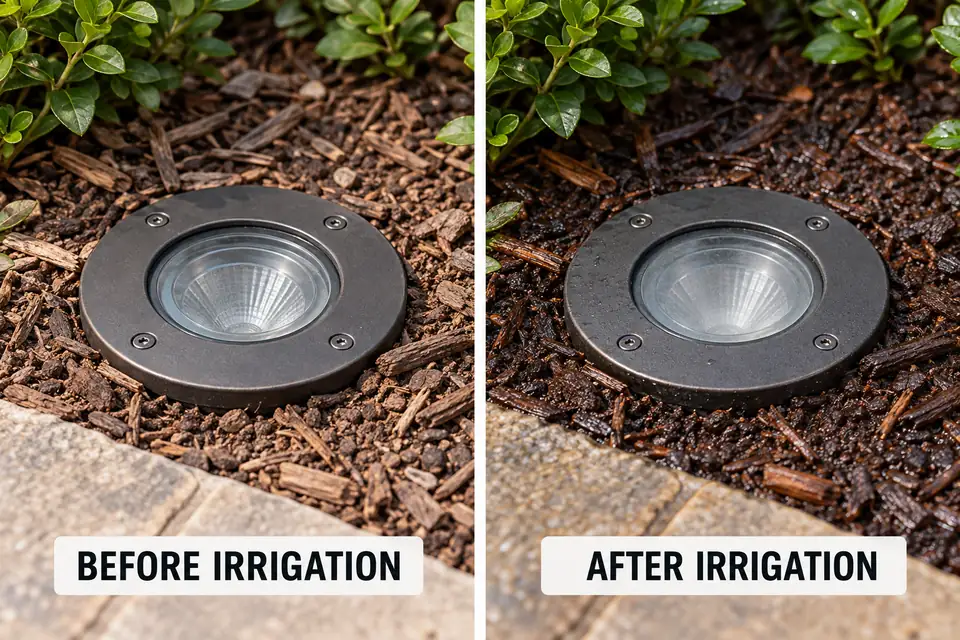 Matched views of an in-ground light with a clearer lens before irrigation and visible haze afterward.