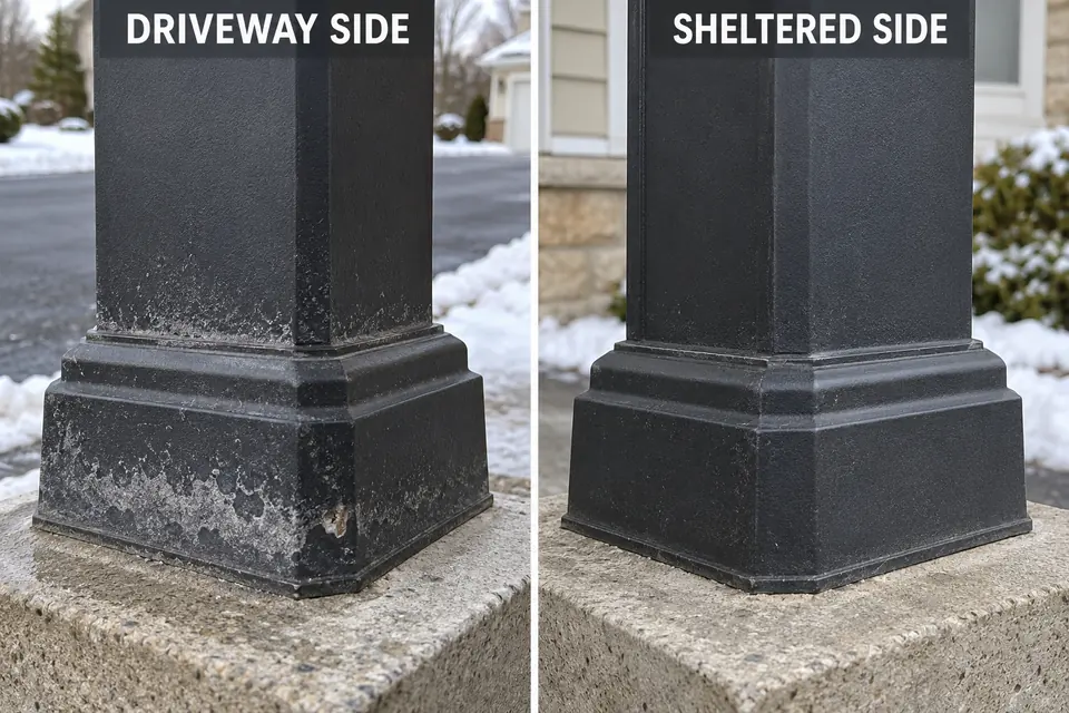 Driveway-facing side of a light base with heavier lower-surface residue than its sheltered side.
