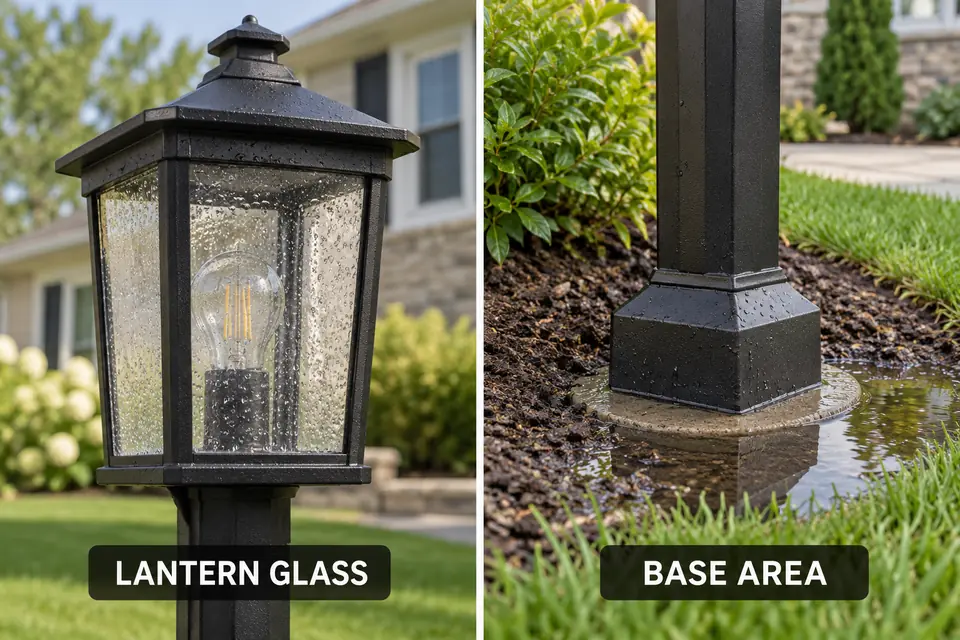 Two views of a post light showing droplets inside the lantern glass and shallow water beside the closed base.