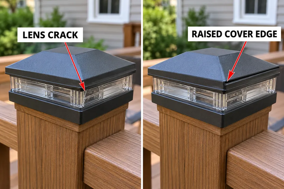 Two post-cap light details showing a lens-edge crack and a raised cover edge.
