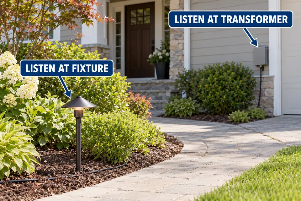 Landscape path fixture and closed transformer marked as separate listening locations.