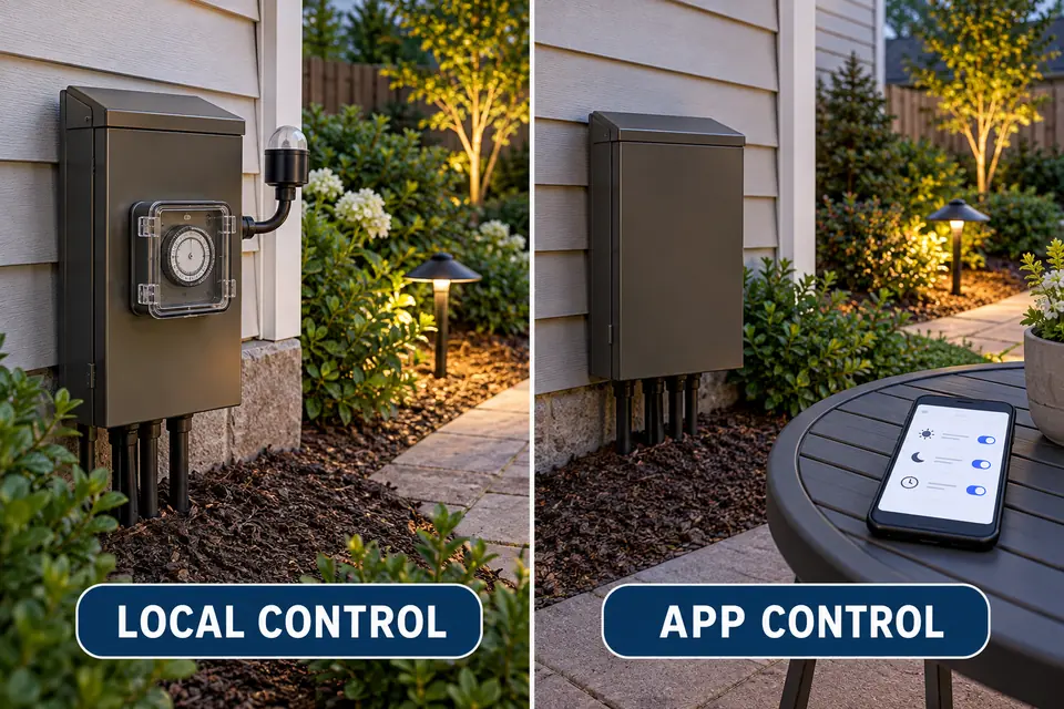 Local timer and photocell controls compared with app-based scheduling for landscape lighting transformers.