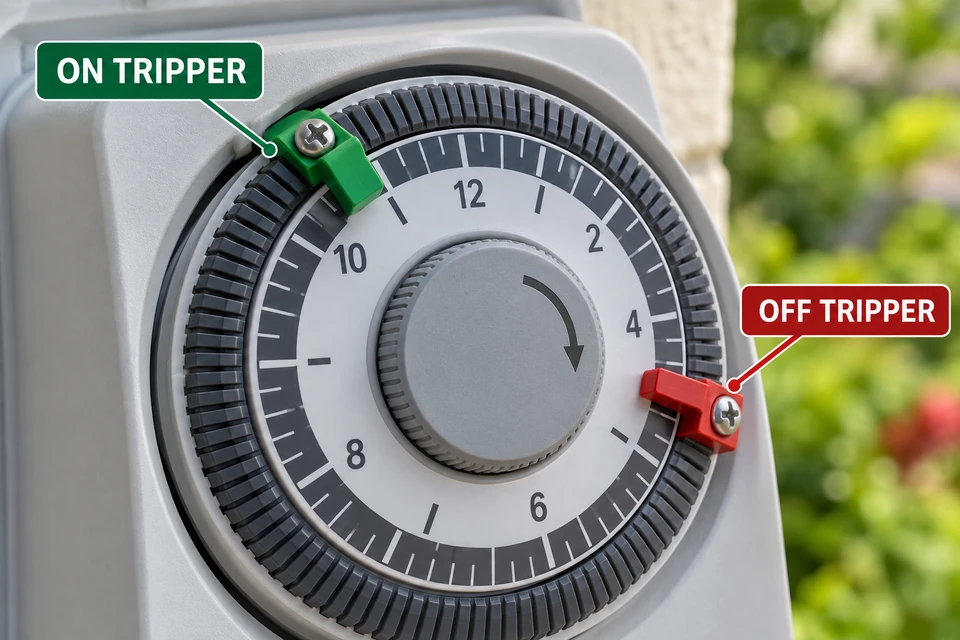 ON and OFF trippers seated on the dial of a mechanical landscape-lighting timer.