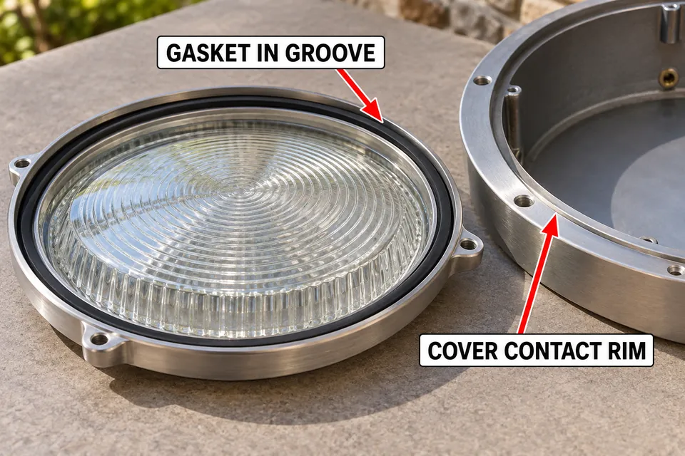 Outdoor-fixture lens cover showing a gasket seated in its groove beside the corresponding cover contact rim.