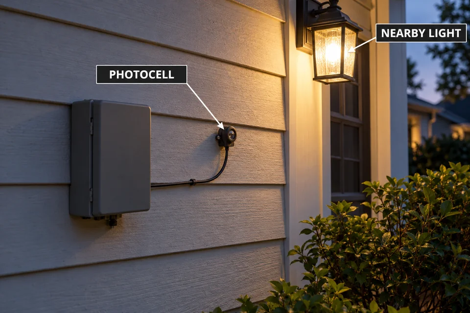 Remote landscape transformer photocell mounted on a wall near an illuminated porch light.