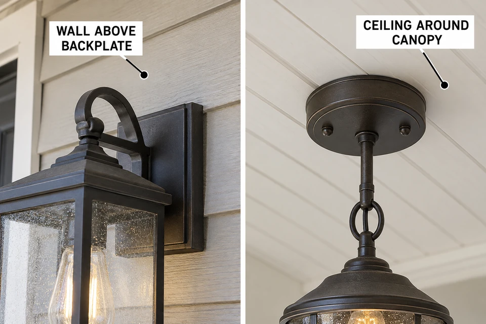 Wall above a porch light backplate and ceiling surrounding a ceiling-light canopy.
