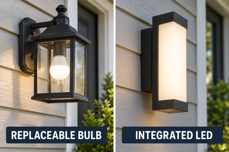 Outdoor wall fixtures with a replaceable LED bulb and an integrated LED light source.