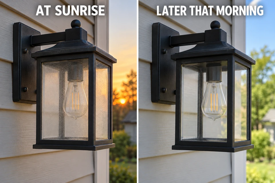 The same outdoor light with interior haze at sunrise and reduced haze later that morning.