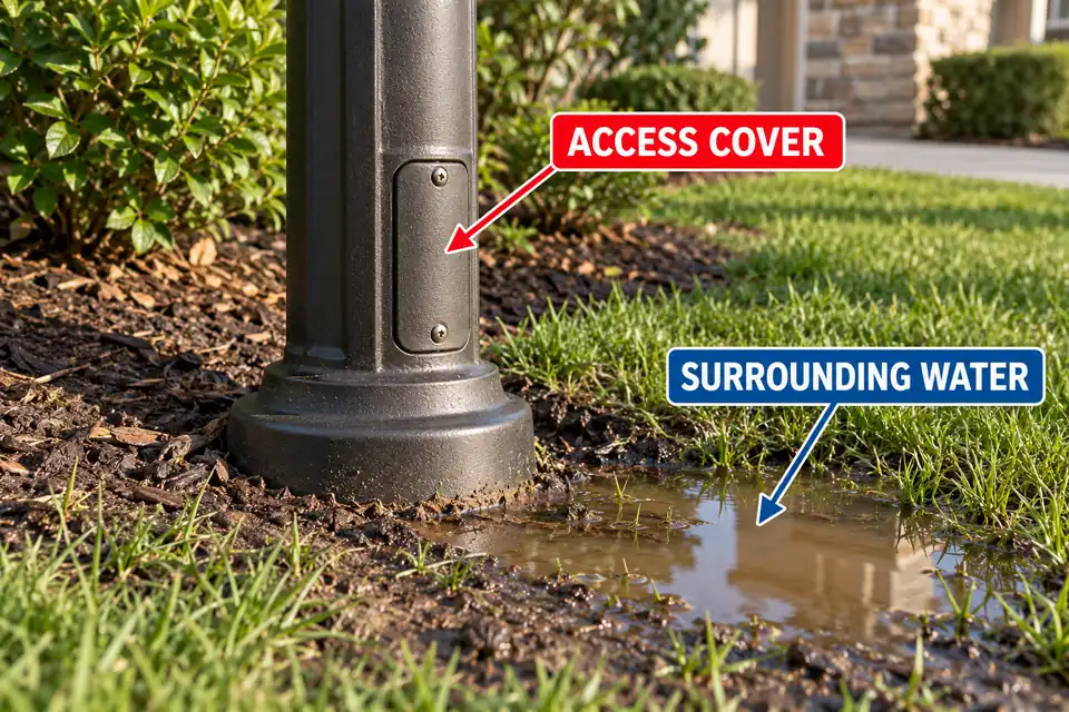 Closed lower access cover on an outdoor light post beside a shallow puddle in a ground depression.