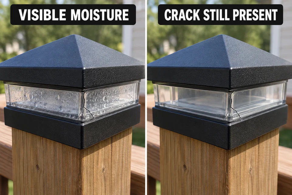 The same post-cap light with and without visible lens droplets, while its lens crack remains unchanged.