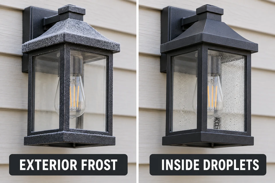 Matching outdoor light views showing exterior frost and droplets inside the glazing.