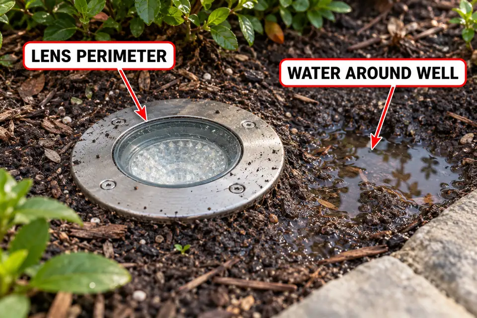 Closed in-ground light showing its lens perimeter and shallow water collected beside the installation well.