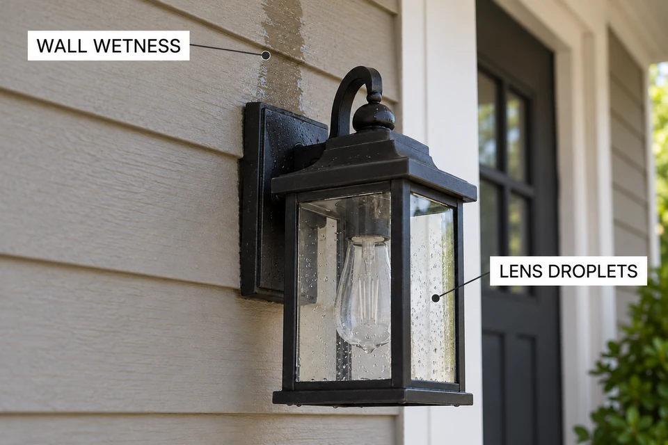 Fresh wall wetness above a porch light backplate and droplets inside the fixture’s glass.