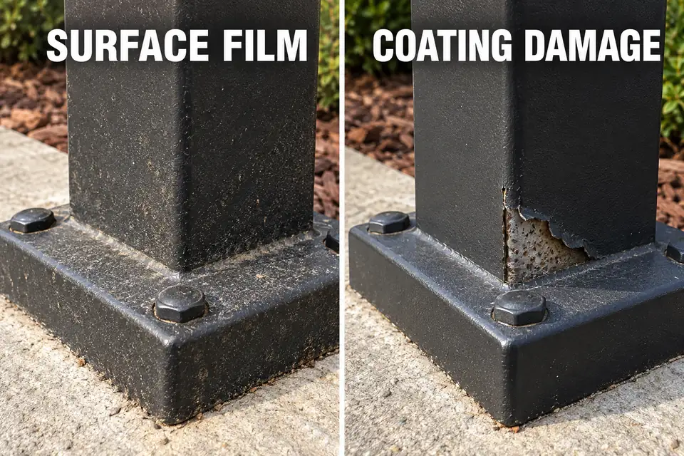 Surface film over continuous coating compared with flaking finish and exposed pitted metal on a light base.