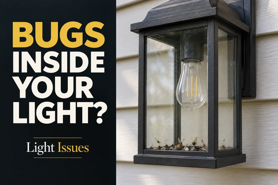 Small dead insects collected on the lower interior ledge of an outdoor wall lantern.