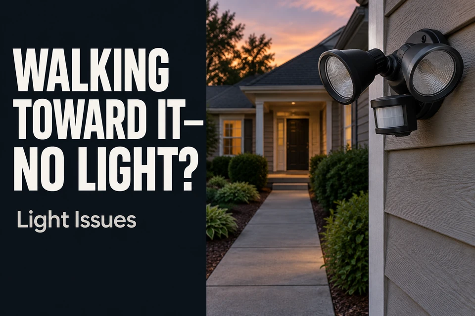 Unlit outdoor motion floodlight mounted at the end of a straight residential walkway.