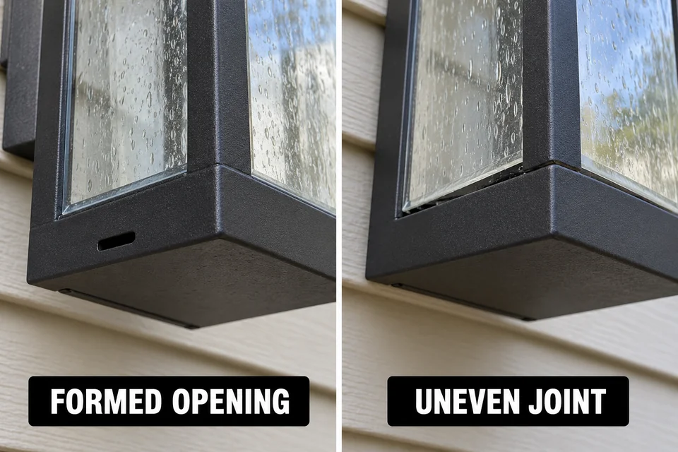 A formed opening in a fixture’s lower housing compared with an uneven lens-to-housing joint.