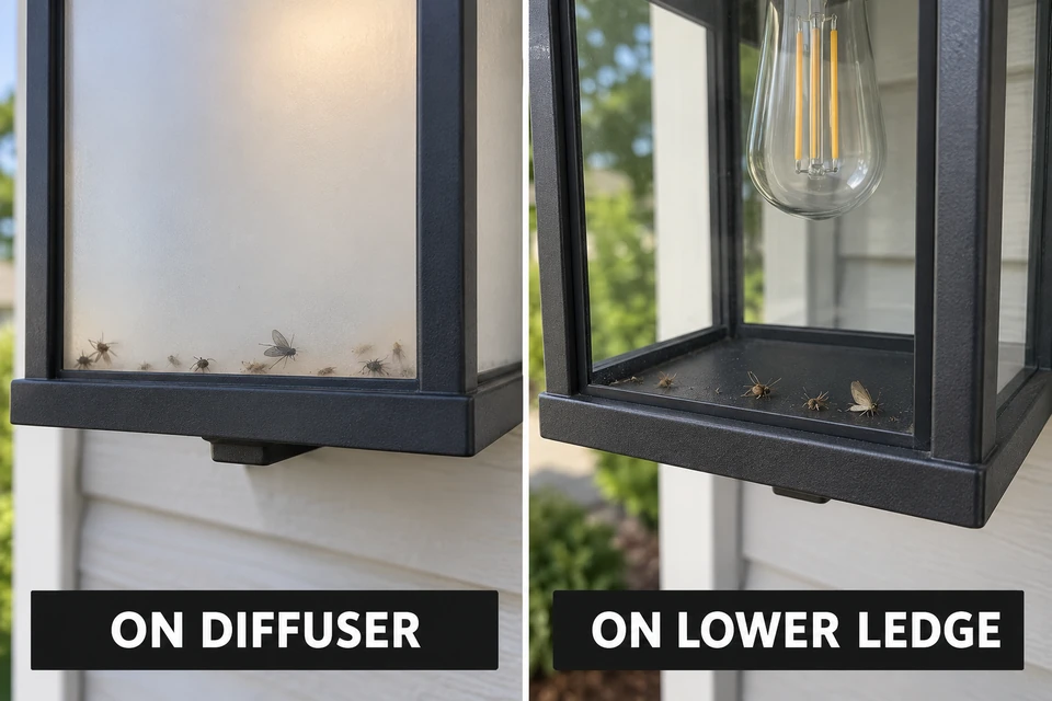 Insect debris against a translucent diffuser compared with debris resting on an opaque lower ledge.
