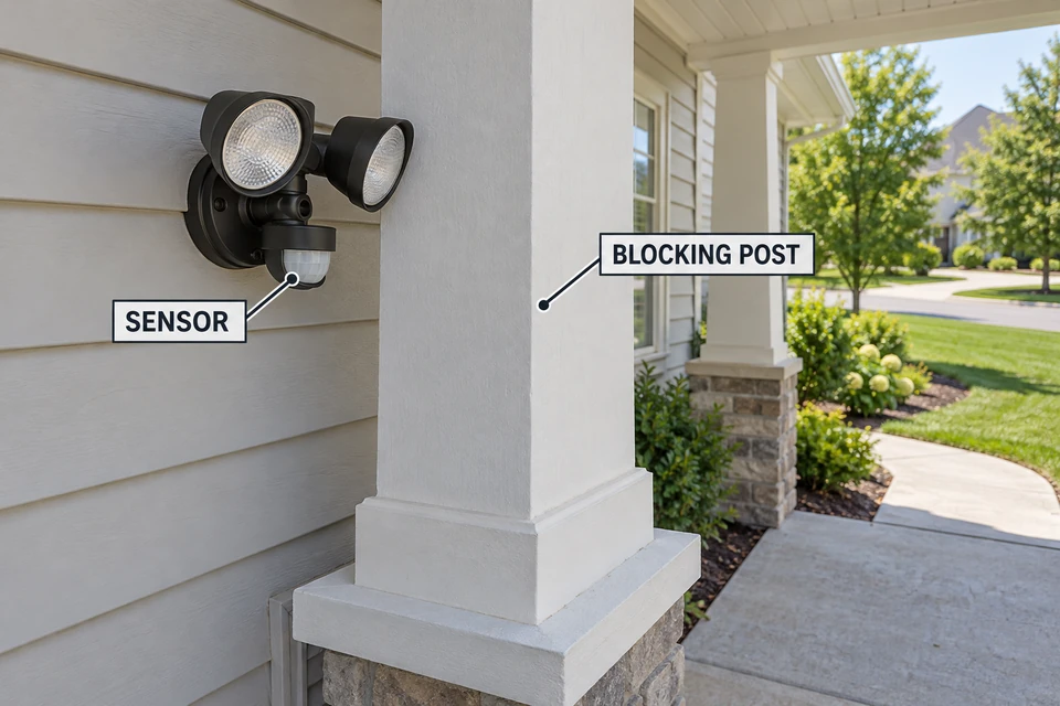 Porch post positioned between a motion sensor and part of the residential approach walkway.